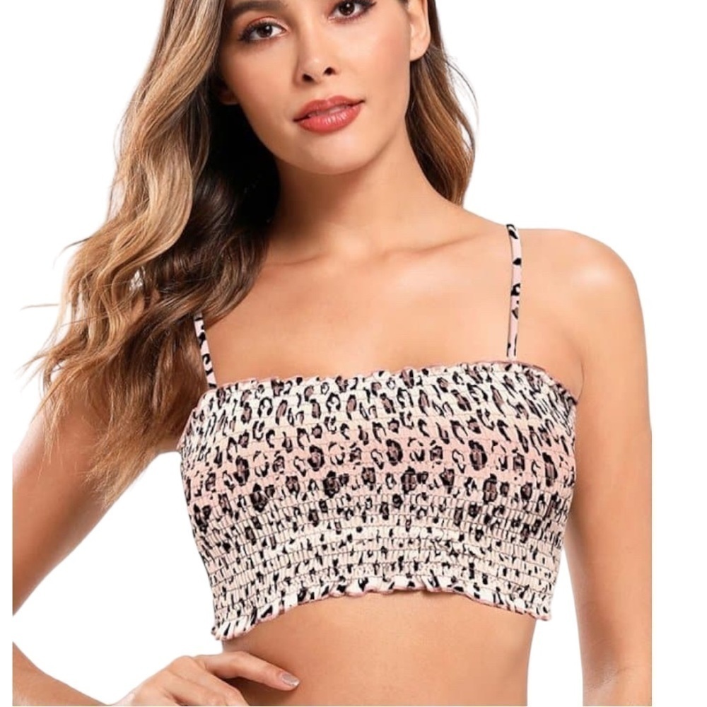 SHEKINI‎ Shirred Leopard Print Bandeau Strapless or Strap Bikini Top Medium